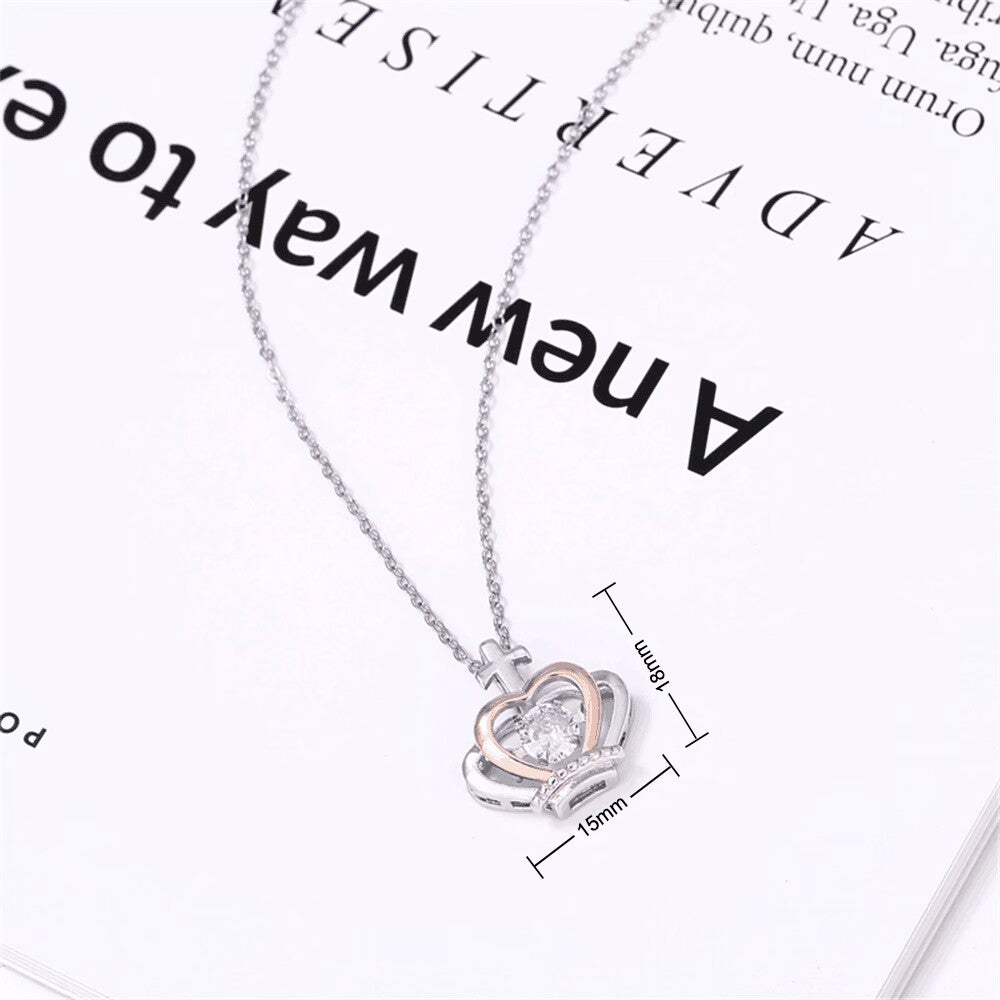 Queen Crown Dancing Crystal Necklace – Rose Gold & White Gold Plated Pendant, Gift for Her with Box & Card, Elegant Jewelry for Women