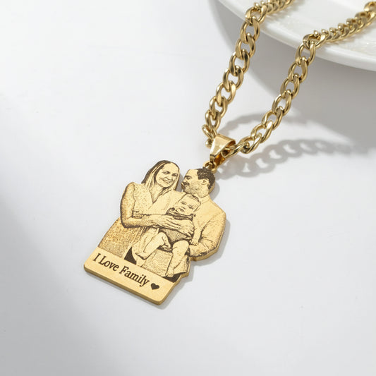 Gold necklace with a pendant featuring a family illustration and 'I Love Family' text on a white background.