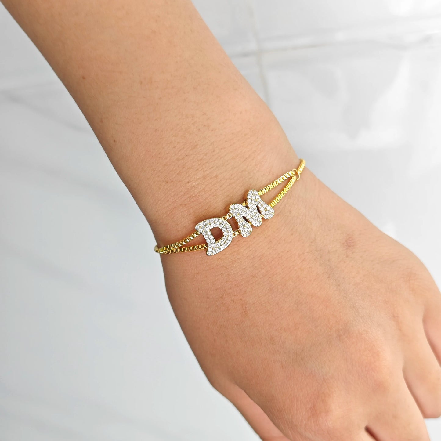 Custom Crystal Zircon Name Bracelet – Dainty Double Chain