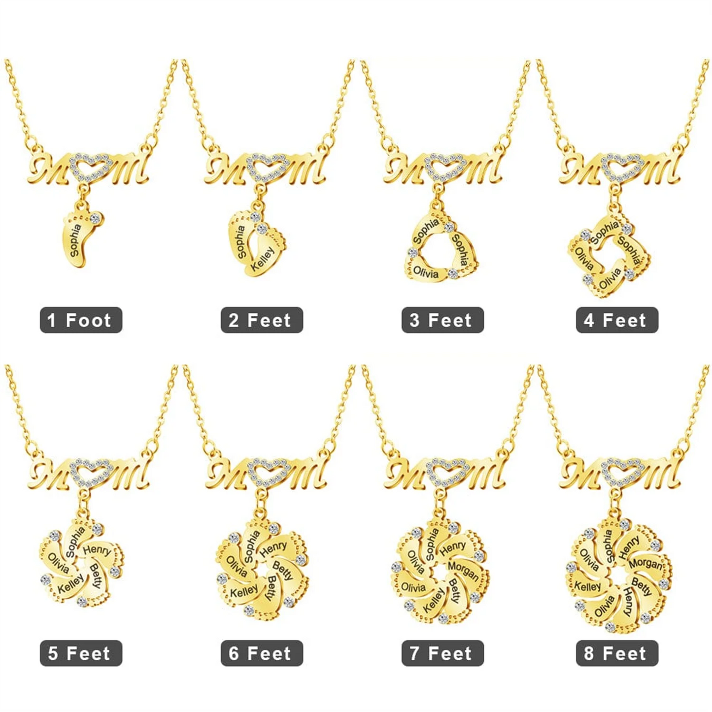 Personalized Mom Necklace With Crystal Baby Feet Engraved Names