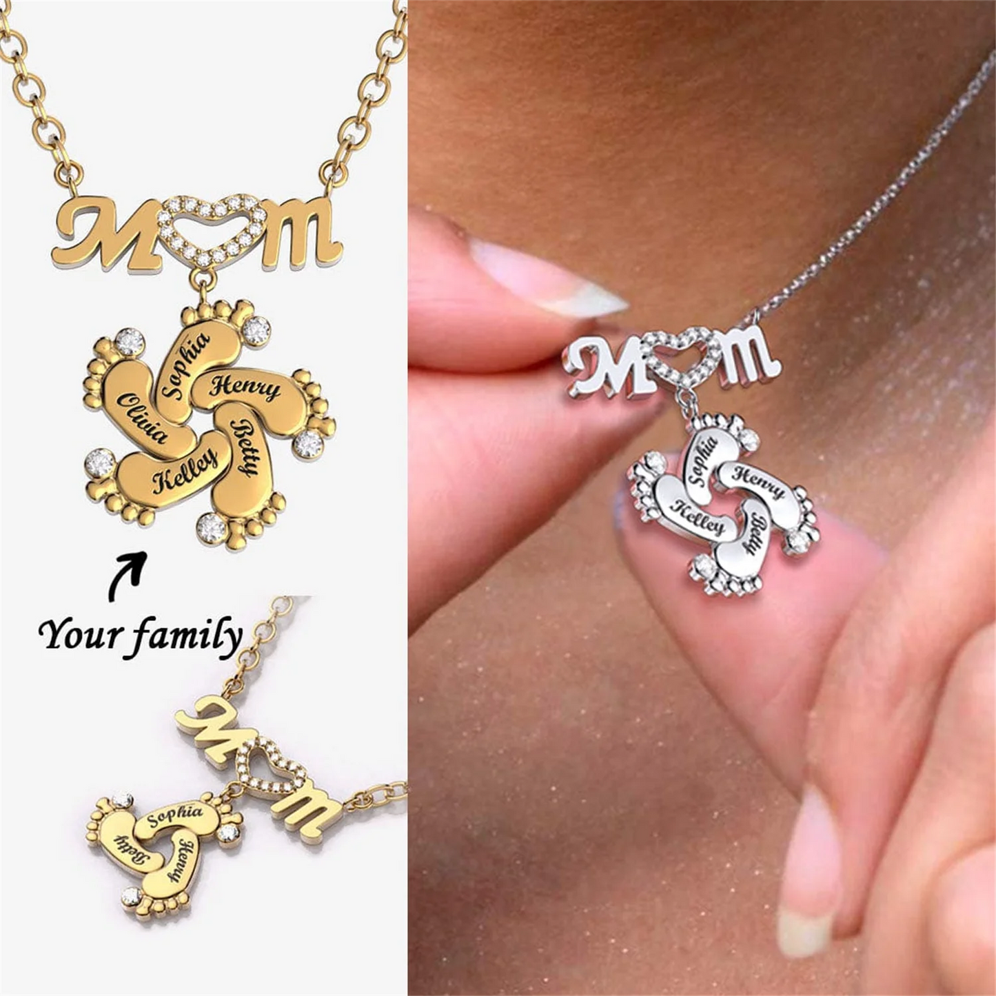 Personalized Mom Necklace With Crystal Baby Feet Engraved Names
