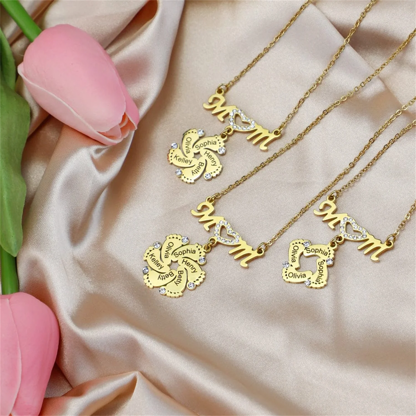 Personalized Mom Necklace With Crystal Baby Feet Engraved Names