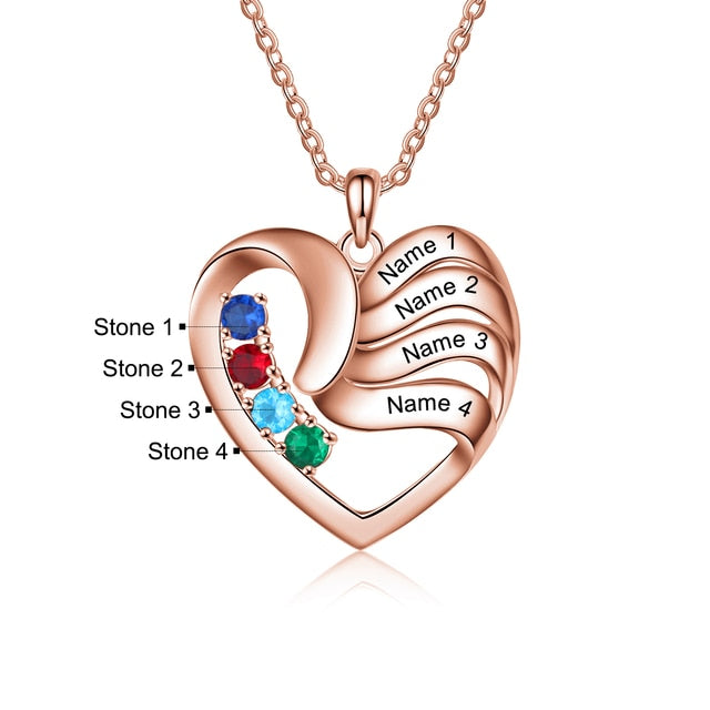 Personalized Heart Necklace with 2-5 Names and Customized Birthstone