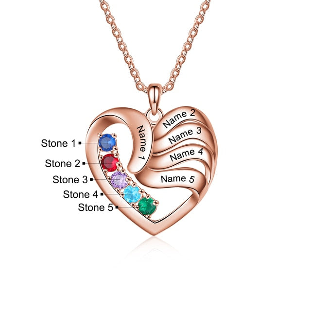 Personalized Heart Necklace with 2-5 Names and Customized Birthstone