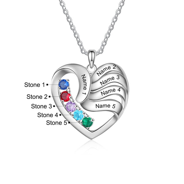 Personalized Heart Necklace with 2-5 Names and Customized Birthstone