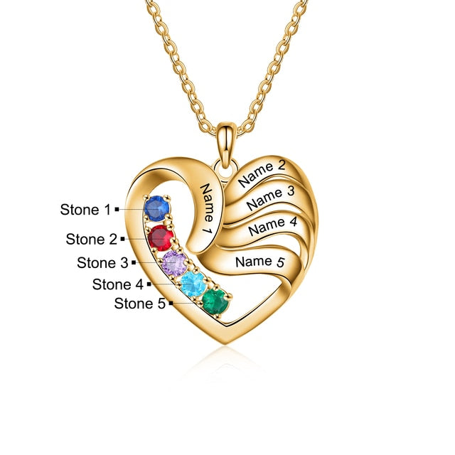 Personalized Heart Necklace with 2-5 Names and Customized Birthstone