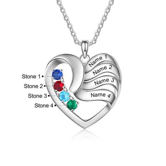 Personalized Heart Necklace with 2-5 Names and Customized Birthstone