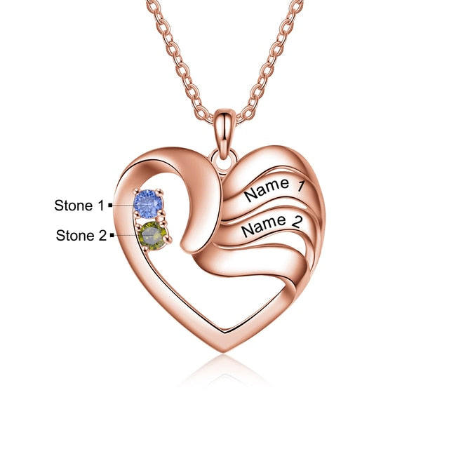 Personalized Heart Necklace with 2-5 Names and Customized Birthstone