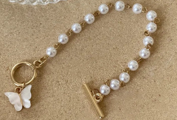 Handmade pearl Bracelet with Butterfly charm Bracelet with Pearl Bracelet for Flower Girl Bridesmaid Gift For Wedding Favor Under 15