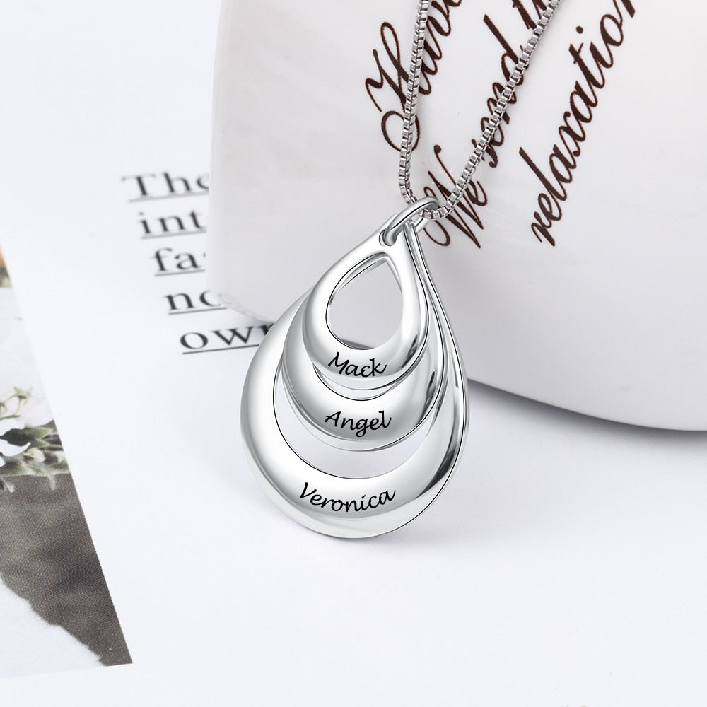 3 Names Engraved Drop Shaped Pendant in Silver Sterling