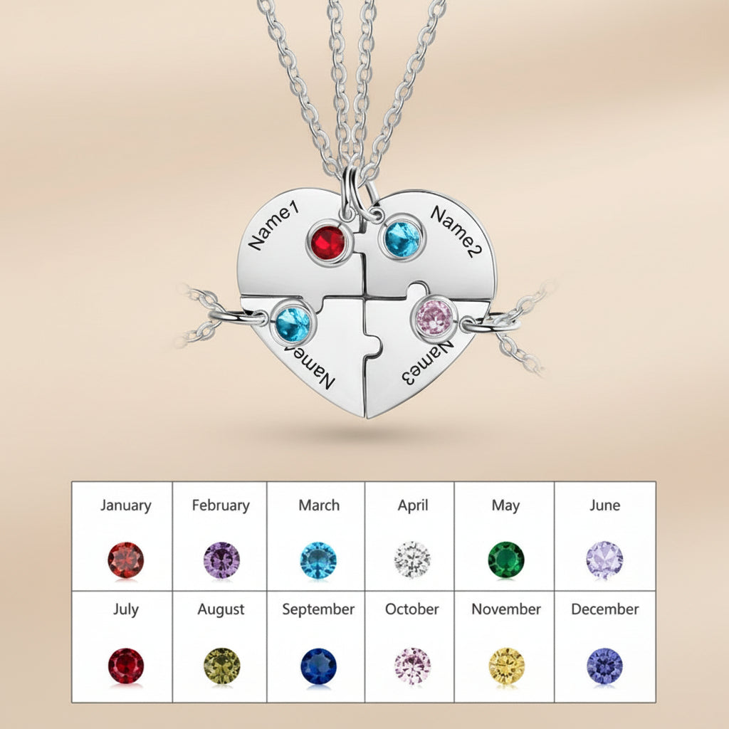 Custom Heart Puzzle Necklace Set – 4 Piece Matching Name & Birthstone Jewelry