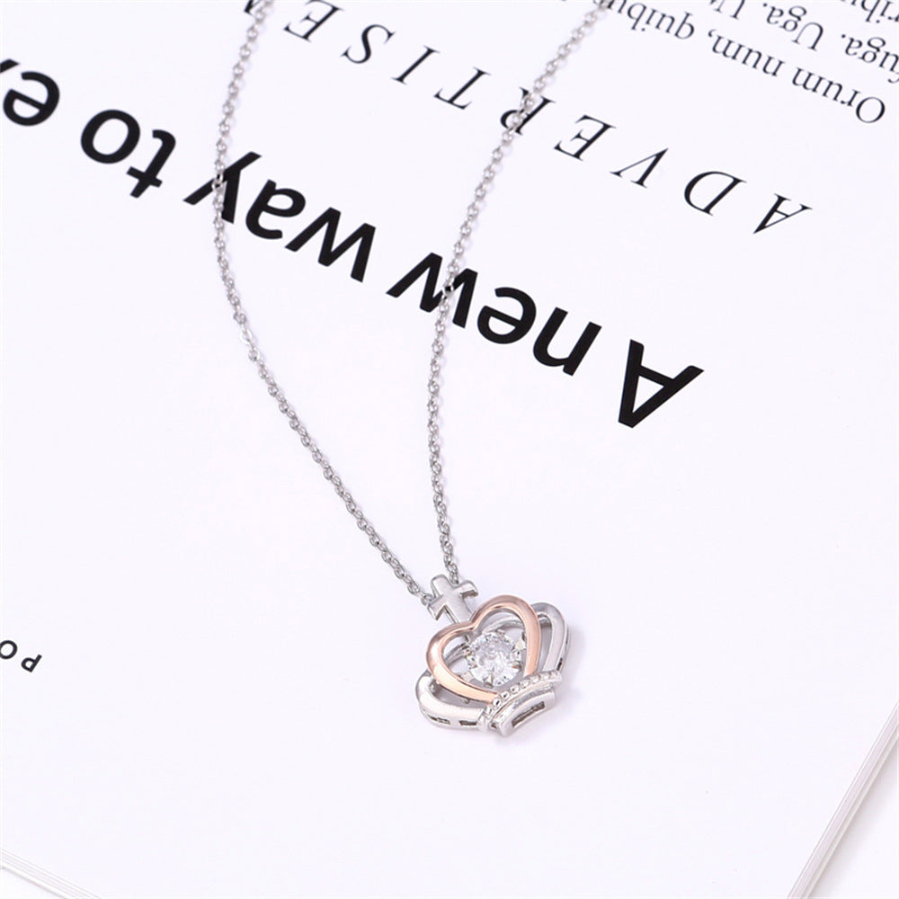 Queen Crown Dancing Crystal Necklace – Rose Gold & White Gold Plated Pendant, Gift for Her with Box & Card, Elegant Jewelry for Women