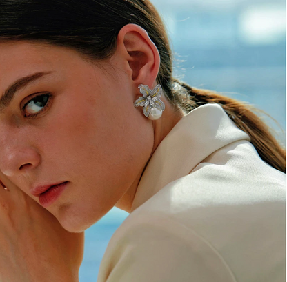 Statement Earrings with Pearls,Big stud earrings for brides Crystal earrings With pearl Big Bridal Earrings Partywear Earrings Gift for her