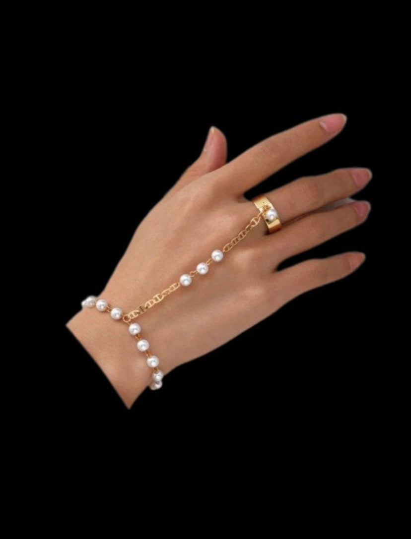 Pearl hand chain bracelet, hand chain bracelet,bracelet with ring, ring chain bracelet