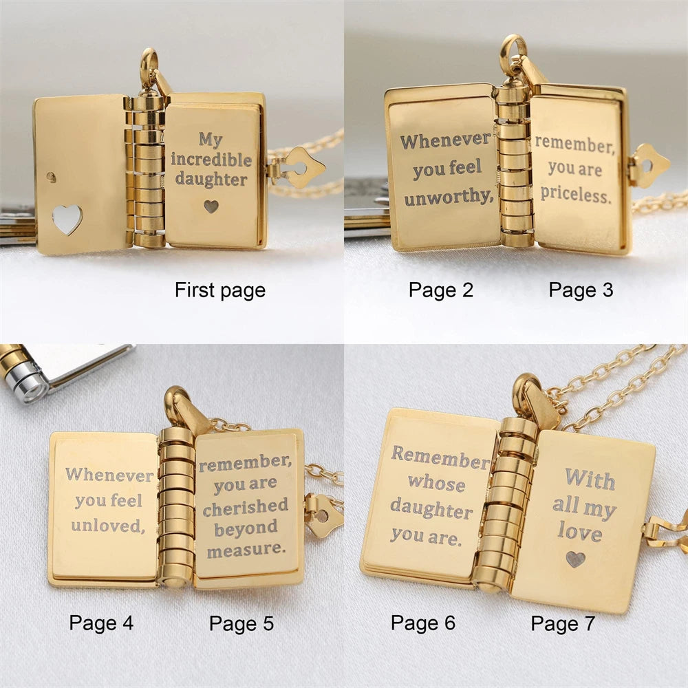 Openable Book Locket Pendant Necklace My Son Daughter Book Necklaces Girl Boy Graduation Jewelry Steel Choker Birthday Gift