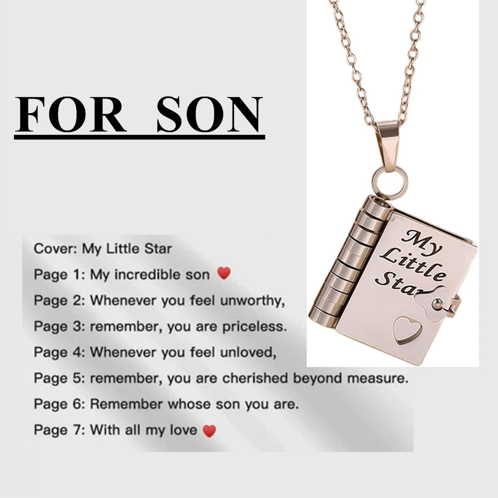 Openable Book Locket Pendant Necklace My Son Daughter Book Necklaces Girl Boy Graduation Jewelry Steel Choker Birthday Gift
