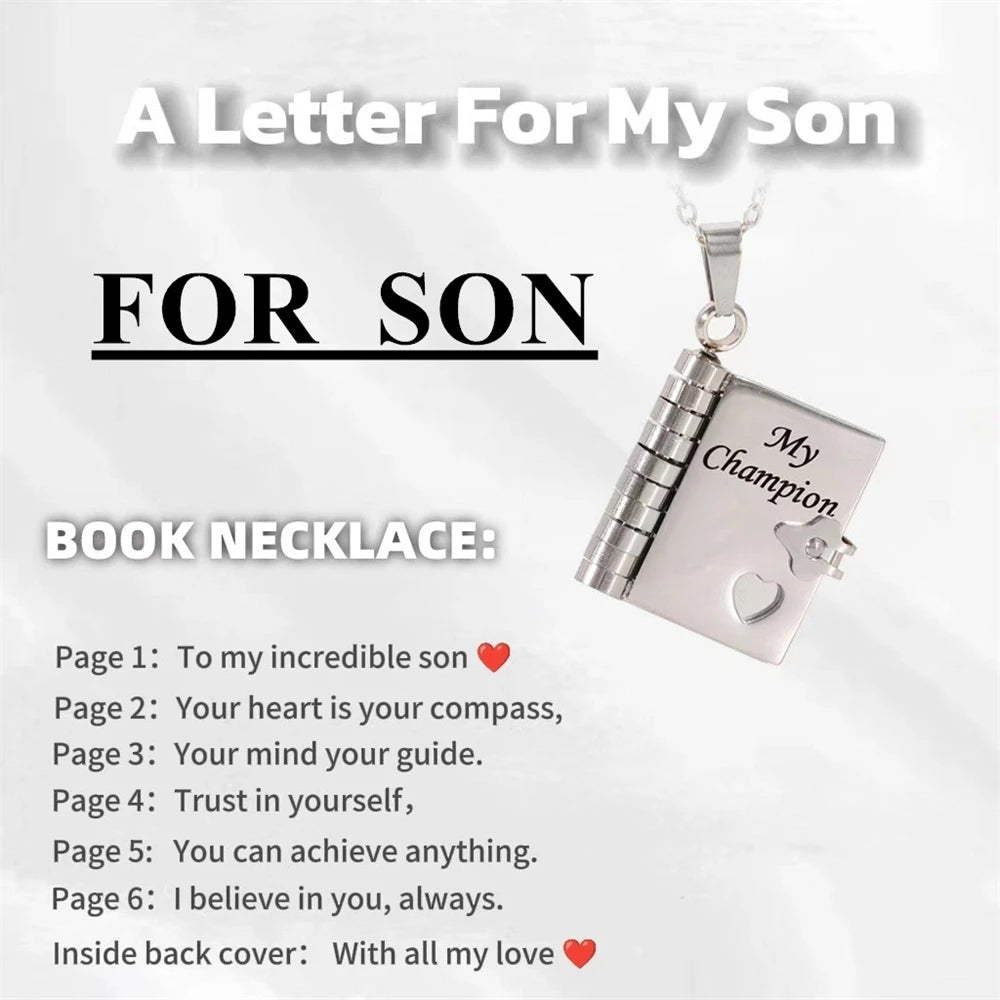 Openable Book Locket Pendant Necklace My Son Daughter Book Necklaces Girl Boy Graduation Jewelry Steel Choker Birthday Gift