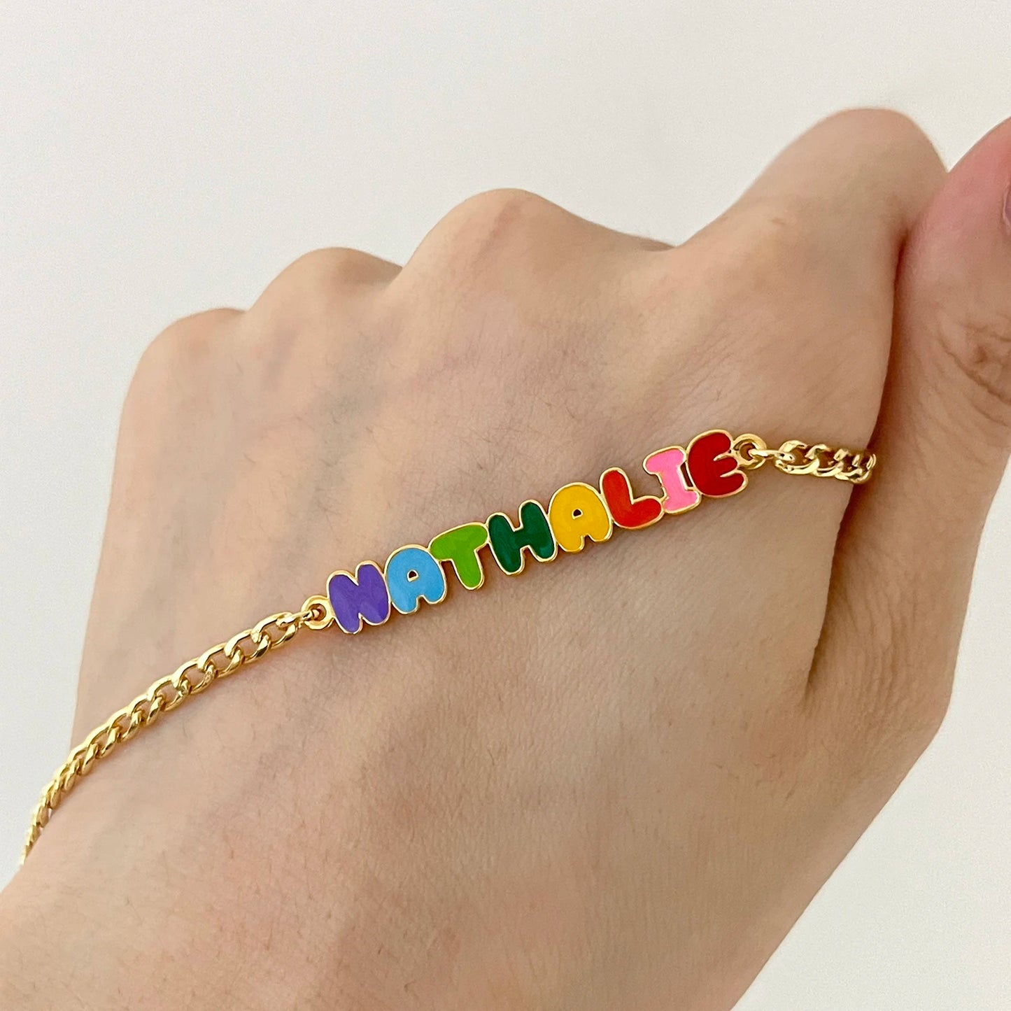 Custom Rainbow Enamel Name Bracelet | Stylish Cuban Chain for Kids