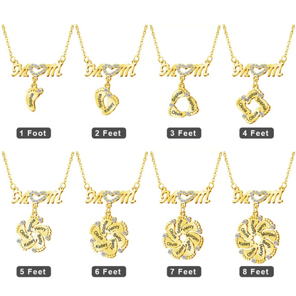 Personalized Mom Necklace With Crystal Baby Feet Engraved Names