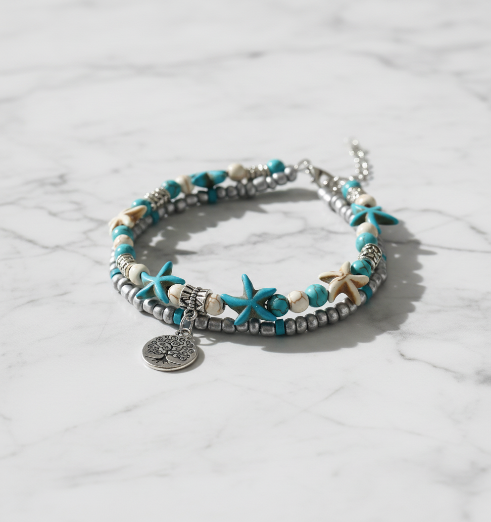 Blue shells Beach anklet with tree of life charm
