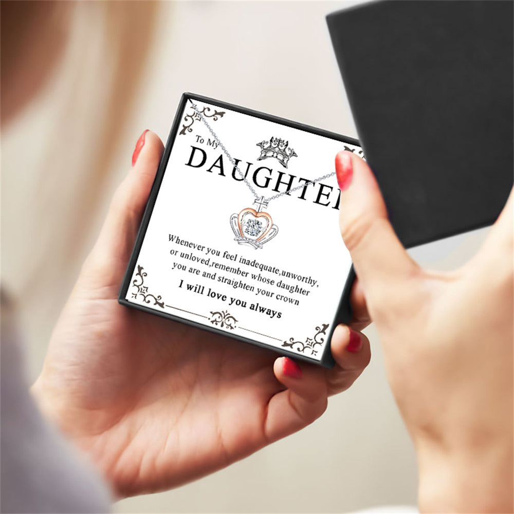 Queen Crown Dancing Crystal Necklace – Rose Gold & White Gold Plated Pendant, Gift for Her with Box & Card, Elegant Jewelry for Women