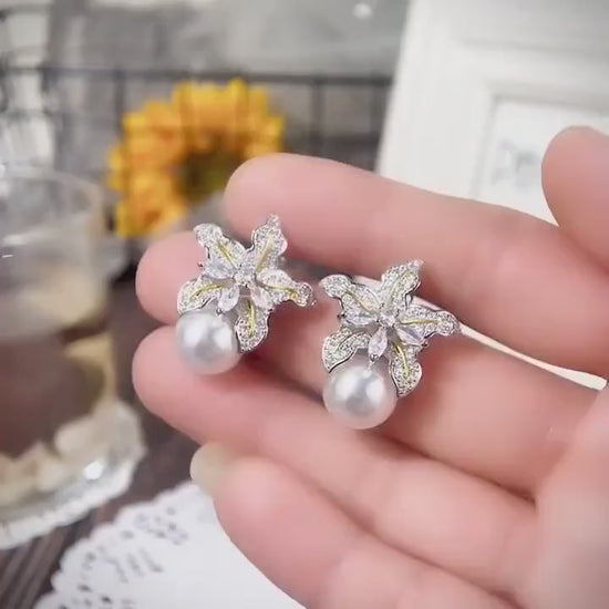 Statement Earrings with Pearls,Big stud earrings for brides Crystal earrings With pearl Big Bridal Earrings Partywear Earrings Gift for her