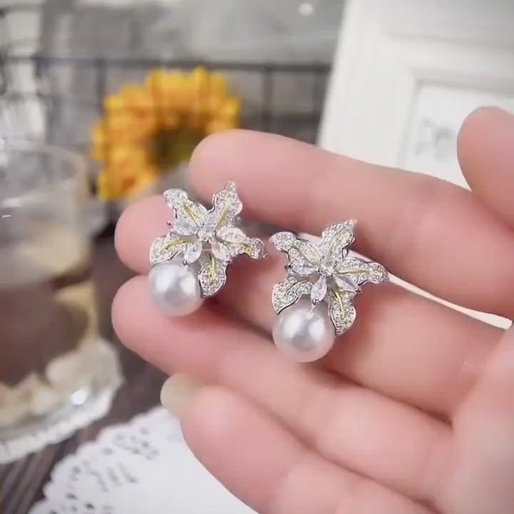 Statement Earrings with Pearls,Big stud earrings for brides Crystal earrings With pearl Big Bridal Earrings Partywear Earrings Gift for her