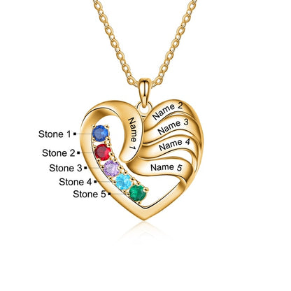 Personalized Heart Necklace with 2-5 Names and Customized Birthstone