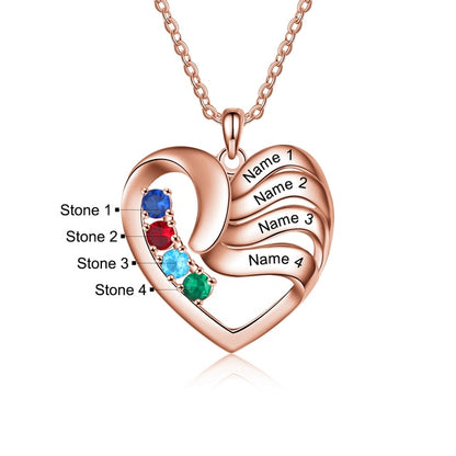 Personalized Heart Necklace with 2-5 Names and Customized Birthstone