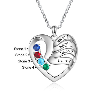 Personalized Heart Necklace with 2-5 Names and Customized Birthstone