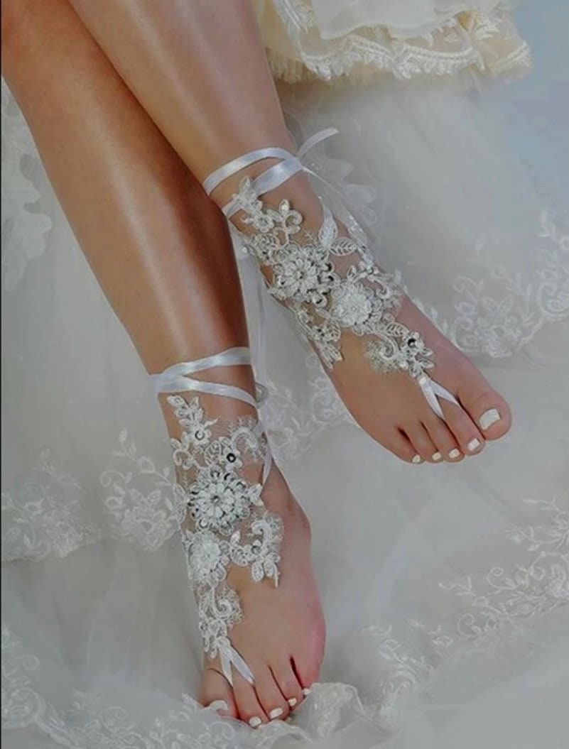Bridal bare foot sandals, French lace barefoot sandals, lace barefoot sandals