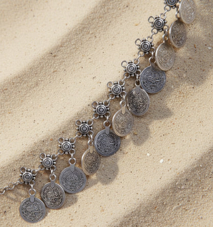 Beautiful silver-filled boho coin anklet with ethnic beachy vibes. Perfect for vacations, honeymoons, maternity shoots, or everyday boho style. Sold as a single or pair, customizable up to size 11 for the perfect fit.