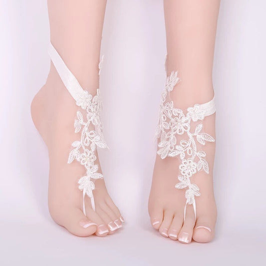 French lace barefoot sandals, Barefoot sandals for bridal,White barefoot sandals for bridal, Lace bottomless sandals, foot jewelry