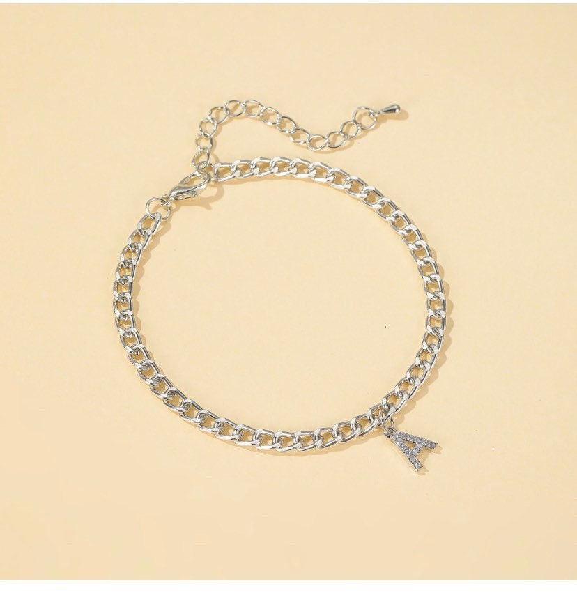 Alphabet anklet, initial anklet, anklet with letter , figarro chain anklet