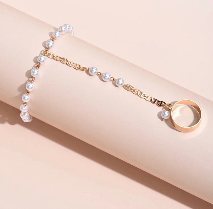Pearl hand chain bracelet, hand chain bracelet,bracelet with ring, ring chain bracelet