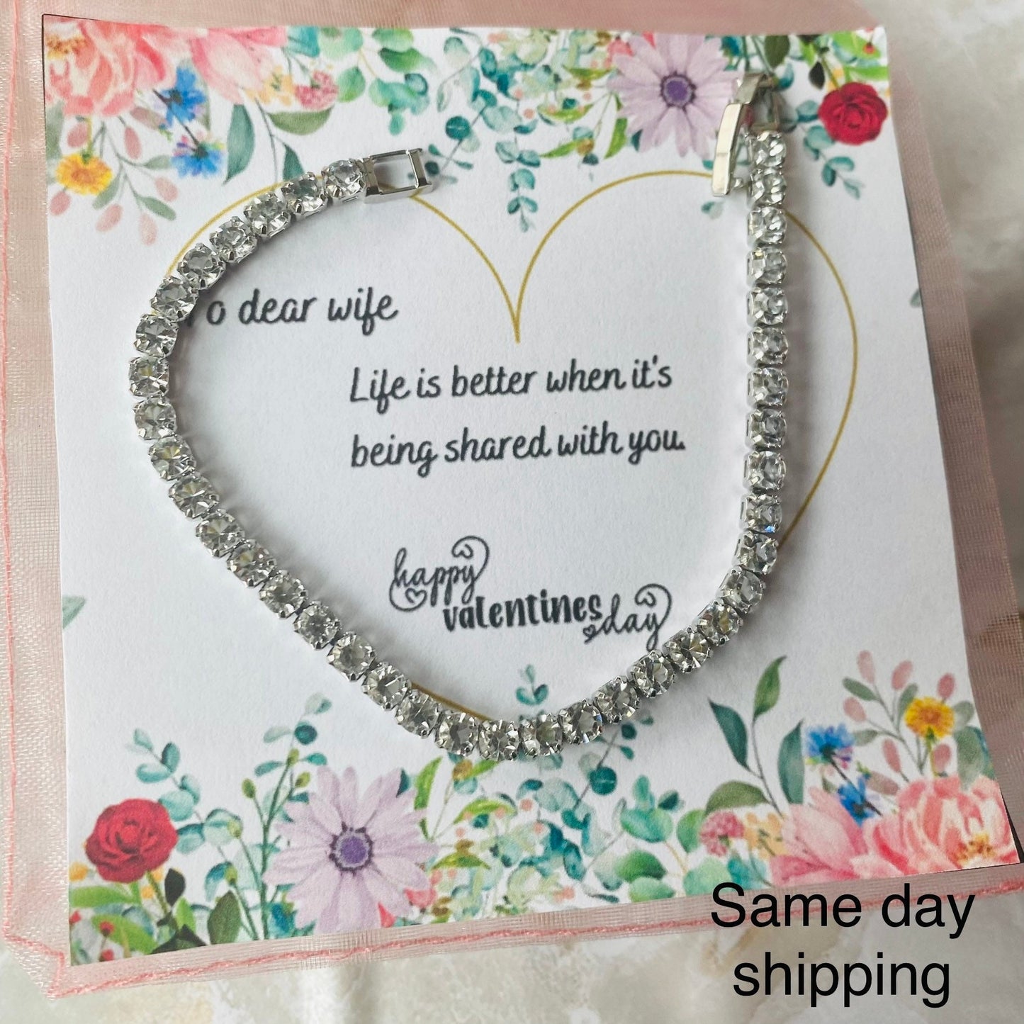 Tennis bracelet for Valentine’s Day gift,Dainty tennis bracelet for wife,Valentine’s day  message card jewelry ,bracelet gift for her