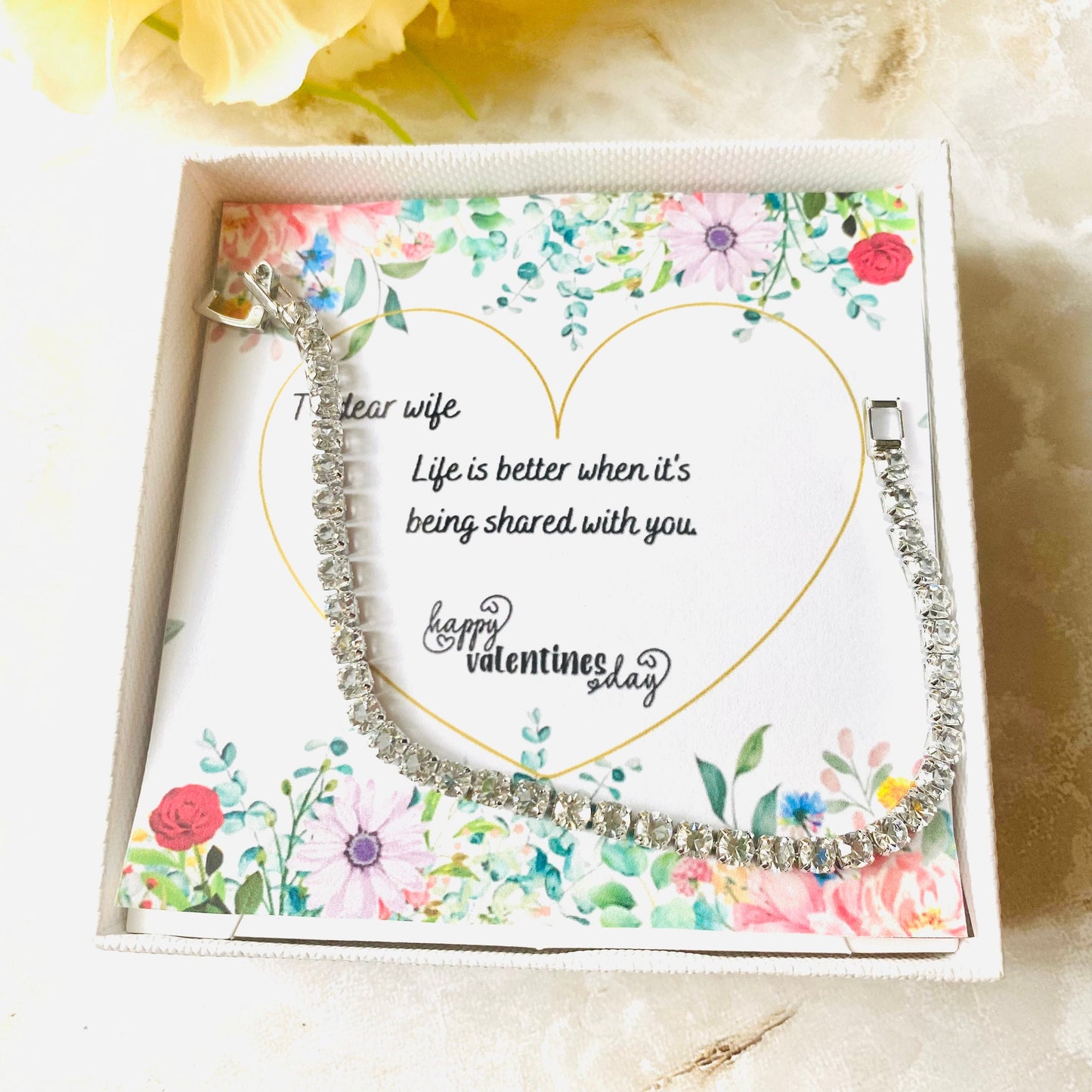 Tennis bracelet for Valentine’s Day gift,Dainty tennis bracelet for wife,Valentine’s day  message card jewelry ,bracelet gift for her