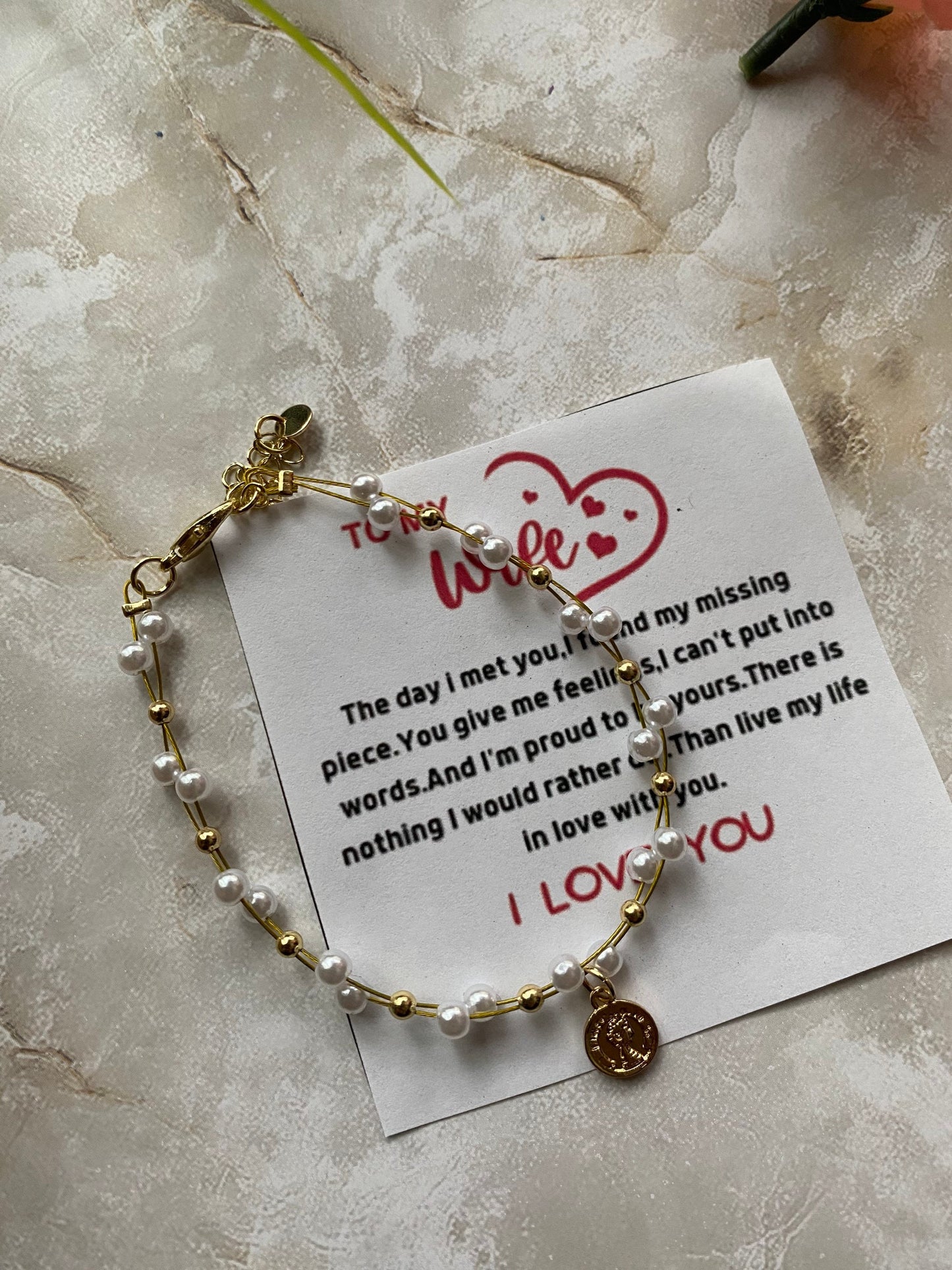 To my wife jewelry, Valentine’s Day gift for girlfriend, pearl bracelet for her,message card for Valentine’s Day,To my soulmate gift