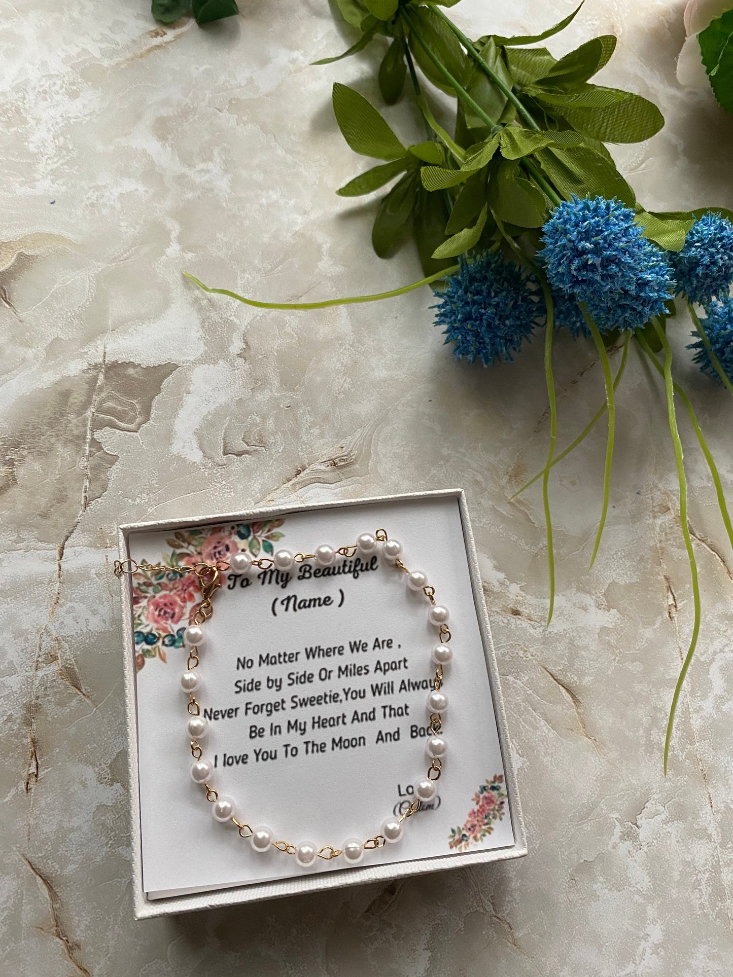 Freshwater pearl anklet gift for wife birthday with personalized message