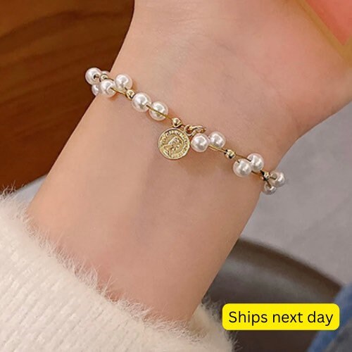 Gold plated pearl bracelet with charm , Pearl bracelet minimalist charm bracelet gift idea for best friend Same day shipping gift special