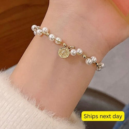 Gold plated pearl bracelet with charm , Pearl bracelet minimalist charm bracelet gift idea for best friend Same day shipping gift special