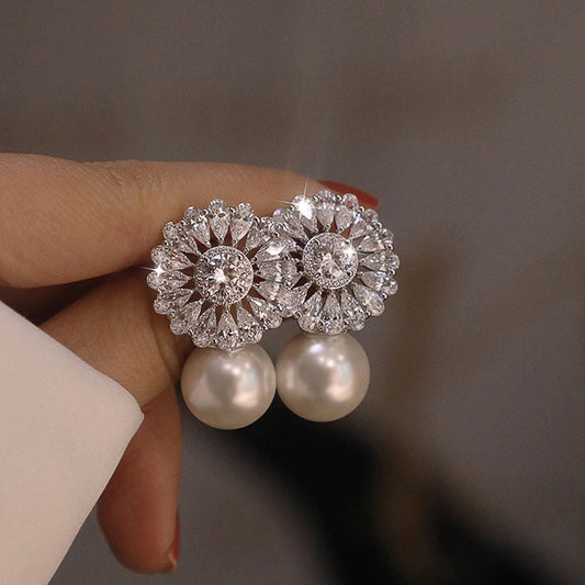 Bridal Statement earrings with Pearl Wedding Earrings Pearl Drop Earrings Vintage CZ pearl earrings Gift for Maid of Honor Gift for Mom