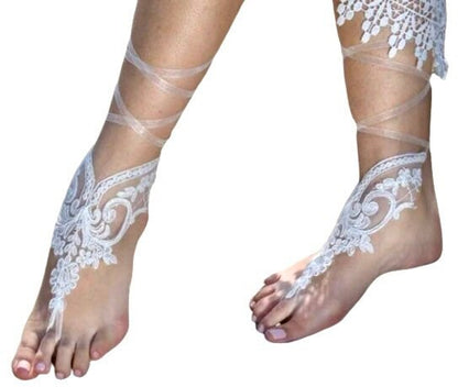 Ivory lace barefoot sandals for bride beach wedding sandals white lace bridesmaids sandals foot jewelry photoshoot jewelry