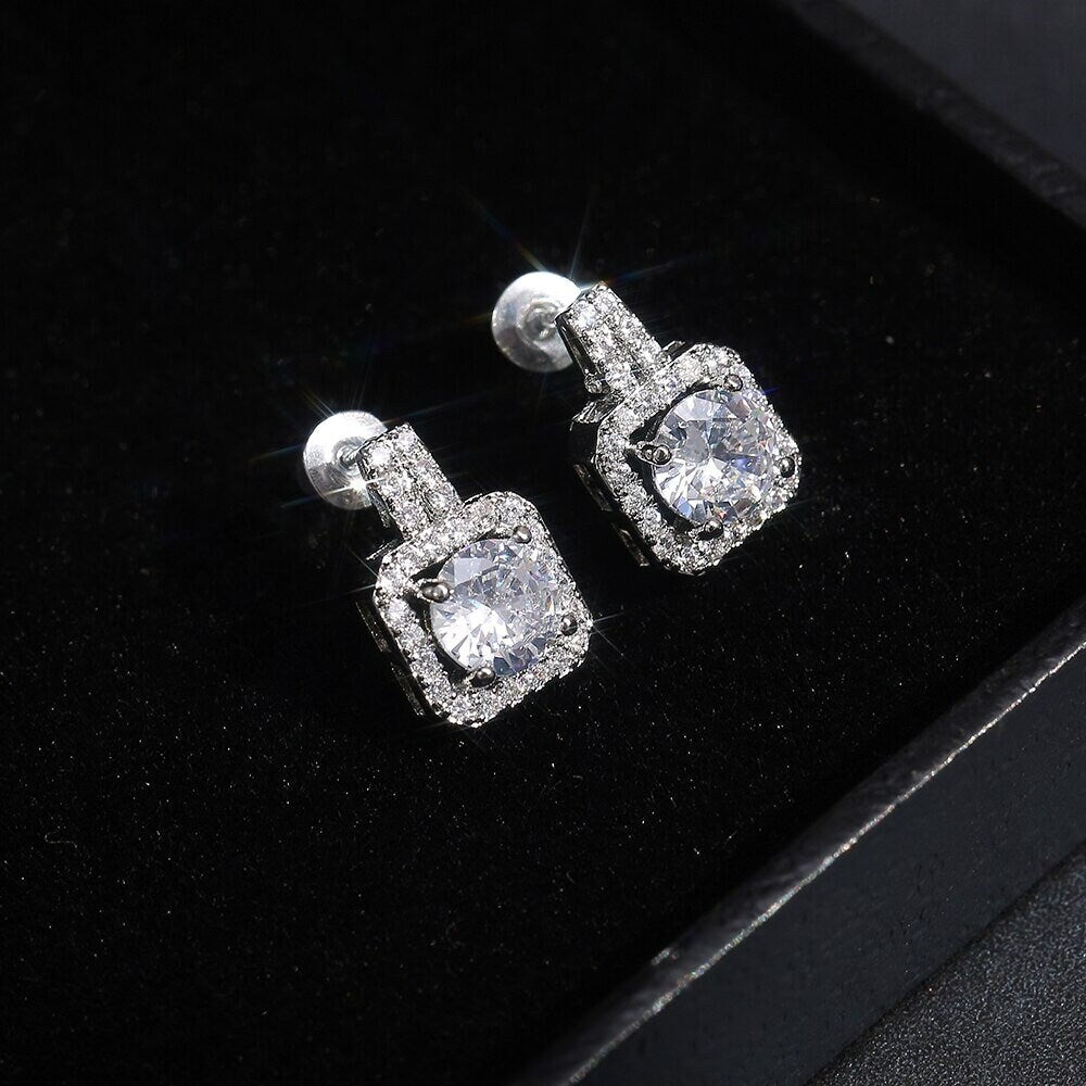 Drop earrings CZ Earrings Halo iced out  sterling silver earrings Bridesmaid gift earrings Romantic gift for wife jewelry last minute gift
