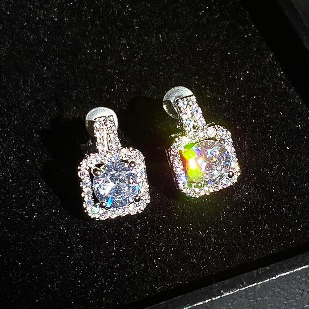 Drop earrings CZ Earrings Halo iced out  sterling silver earrings Bridesmaid gift earrings Romantic gift for wife jewelry last minute gift