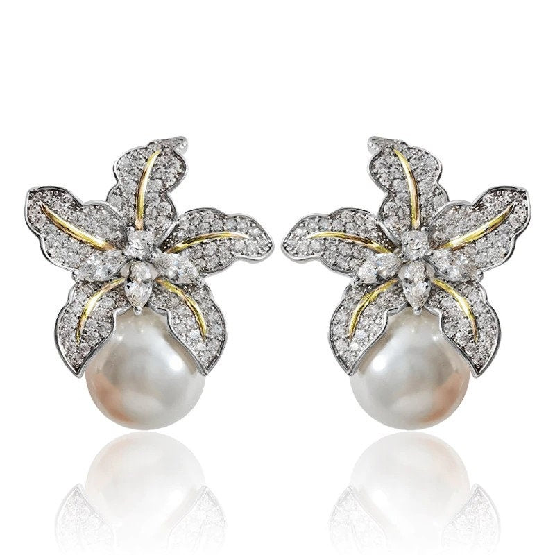 Statement Earrings with Pearls,Big stud earrings for brides Crystal earrings With pearl Big Bridal Earrings Partywear Earrings Gift for her