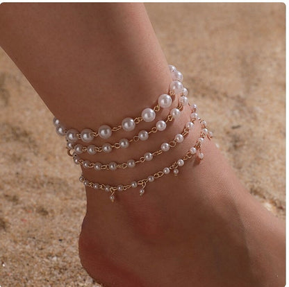 Pearl anklet layered anklet set gold anklet with pearl beach jewelry wedding jewelry summer anklet gift for her