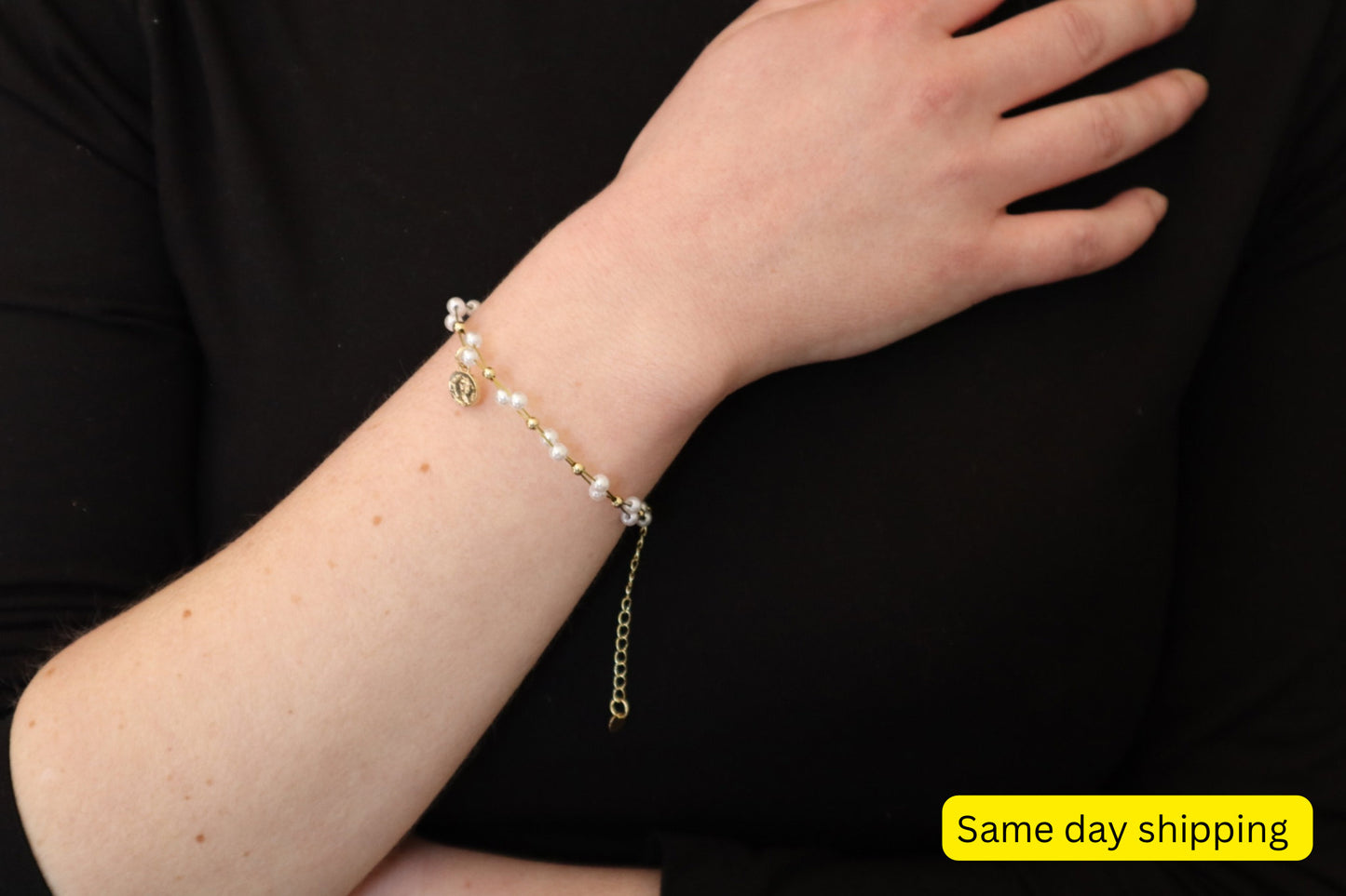 Gold plated pearl bracelet with charm , Pearl bracelet minimalist charm bracelet gift idea for best friend Same day shipping gift special