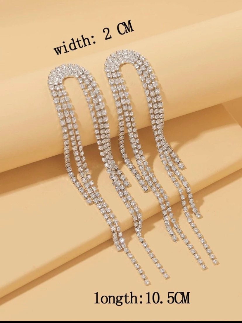 Long tassel Earrings CZ Fringe Earrings formal wear  prom earrings crystal bridesmaid earrings long Prom Earrings statement Crystal earrings