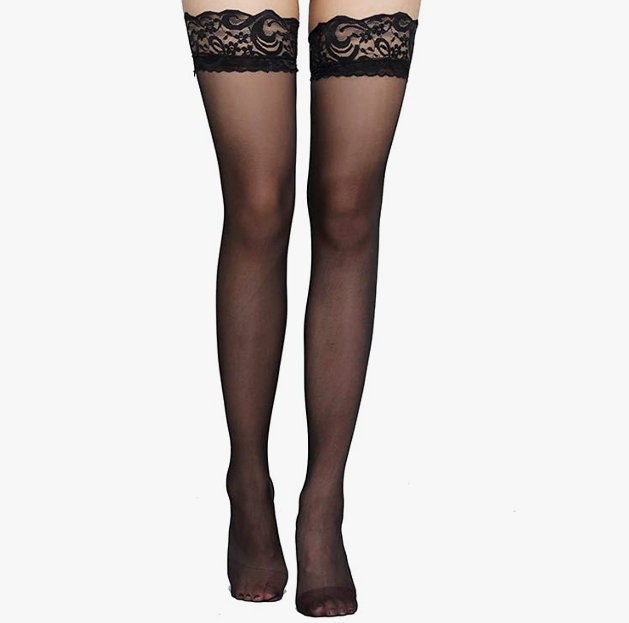 Black sheer thigh high stockings, Pantyhose Stockings with no slip lace ,Thigh high stockings with no slip lace
